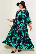 Collar Tassel Patterned Dress Navy Blue Green
