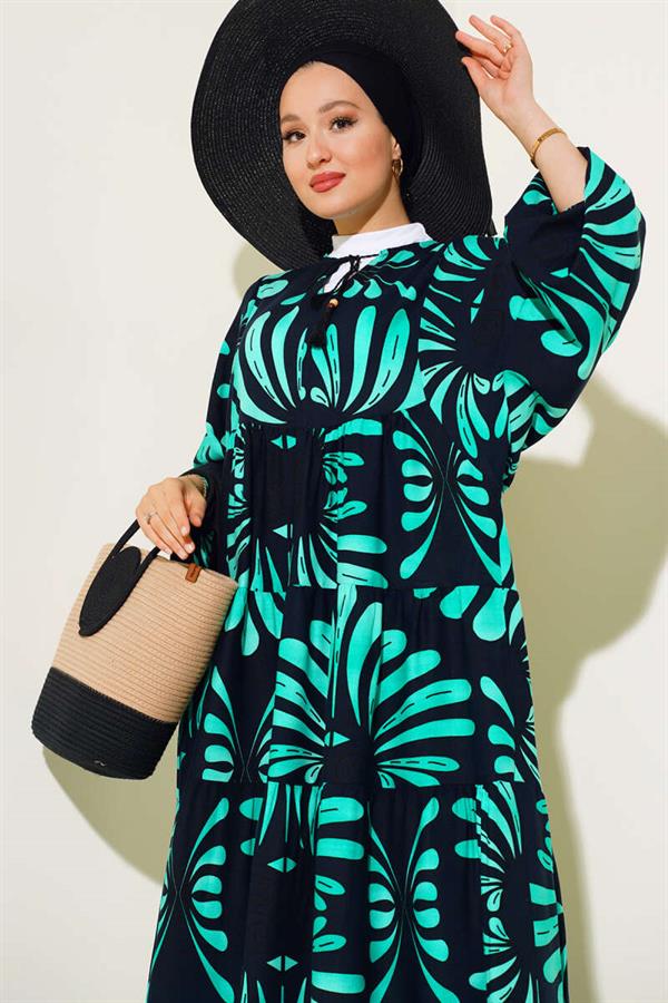 Collar Tassel Patterned Dress Navy Blue Green
