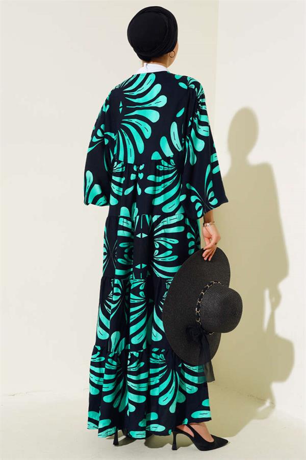 Collar Tassel Patterned Dress Navy Blue Green
