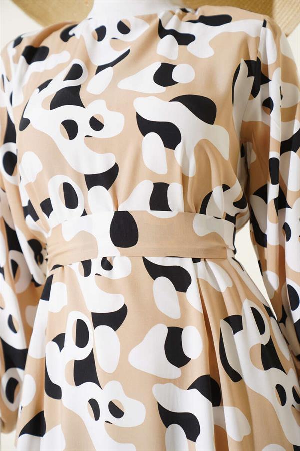Ribbed Collar Patterned Dress Beige