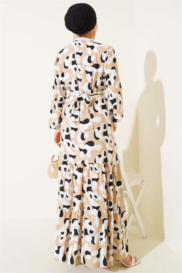 Ribbed Collar Patterned Dress Beige