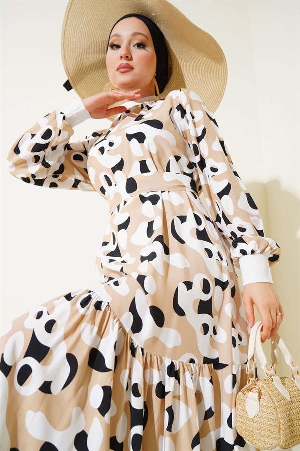 Ribbed Collar Patterned Dress Beige