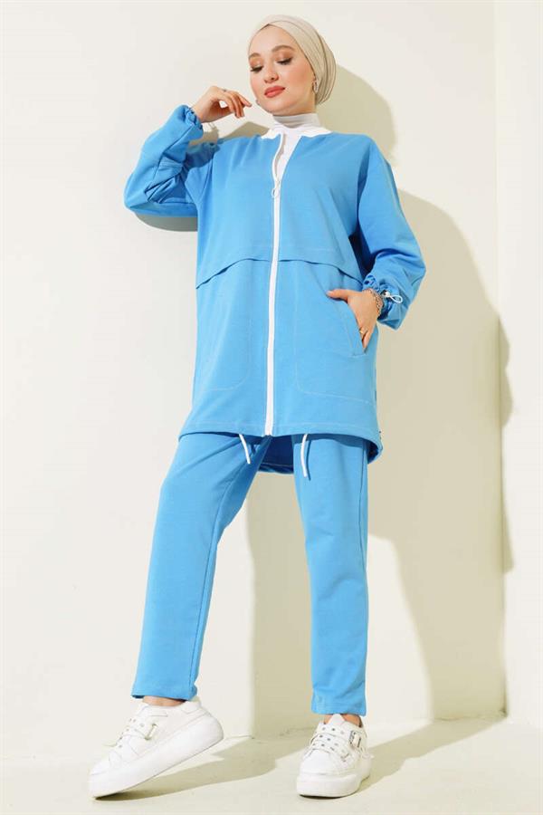 Ribbed Collar Zippered 2 Piece Set Blue