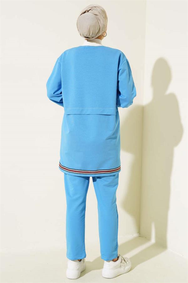 Ribbed Collar Zippered 2 Piece Set Blue