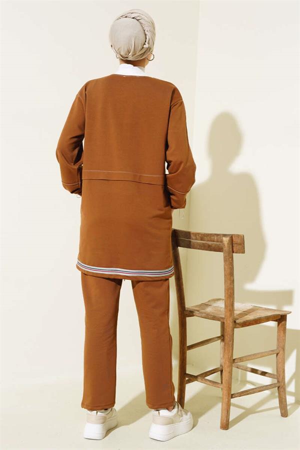 Ribbed Collar Zippered 2 Piece Set Tan