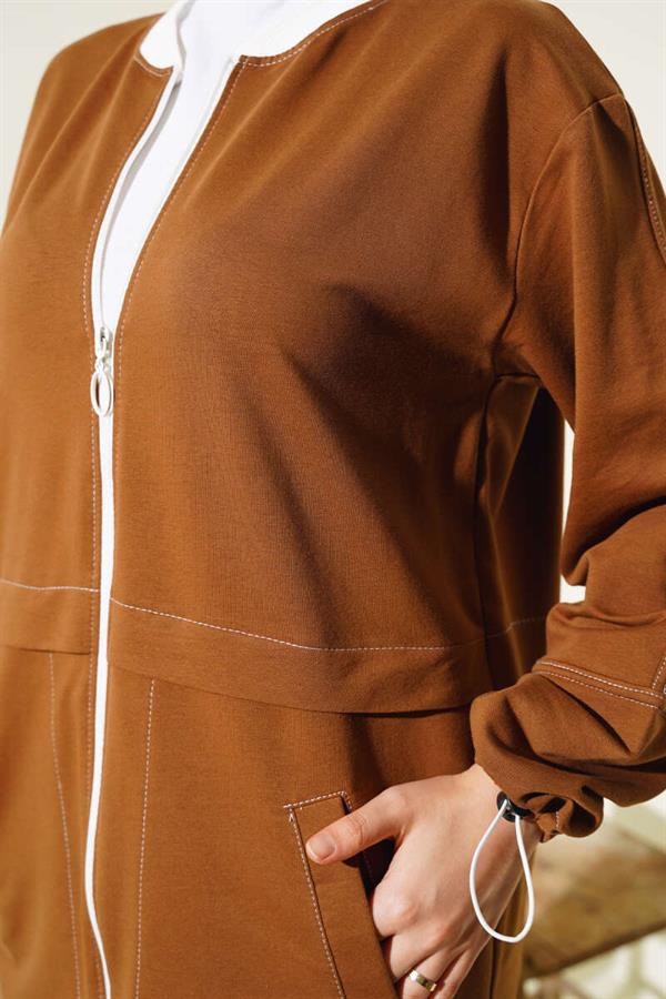 Ribbed Collar Zippered 2 Piece Set Tan