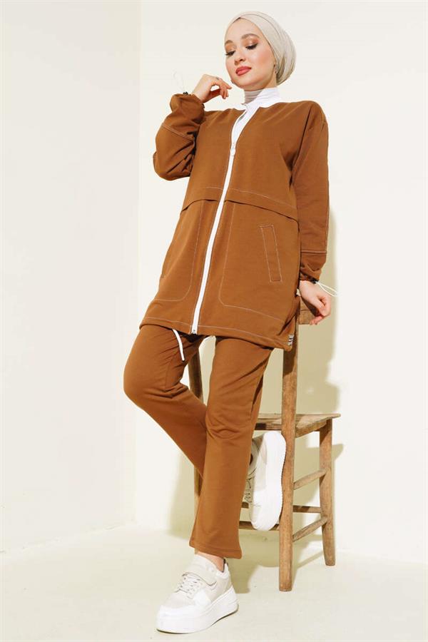 Ribbed Collar Zippered 2 Piece Set Tan