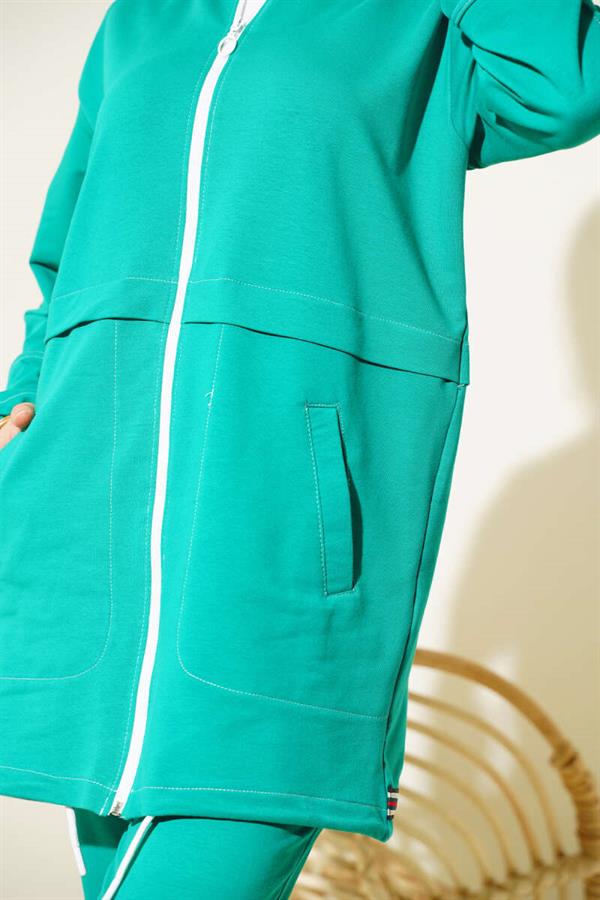 Ribbed Collar Zippered 2 Piece Set Green