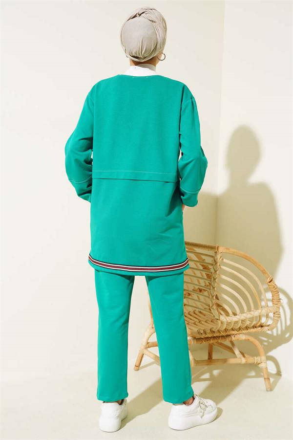 Ribbed Collar Zippered 2 Piece Set Green