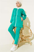 Ribbed Collar Zippered 2 Piece Set Green