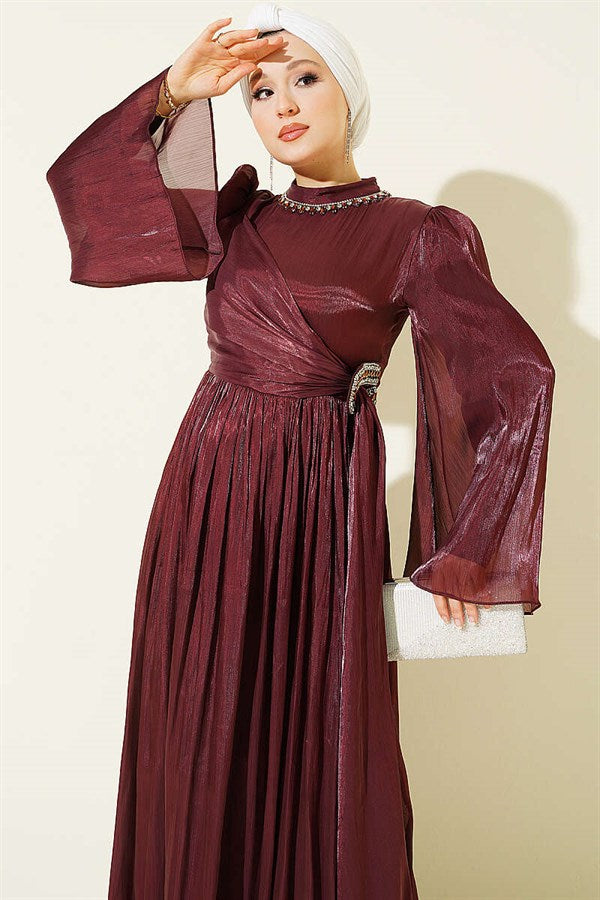 Burgundy Chiffon Dress with Embellished Collar