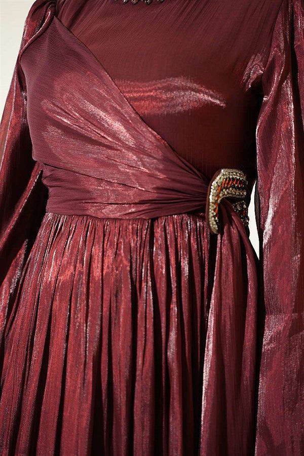 Burgundy Chiffon Dress with Embellished Collar