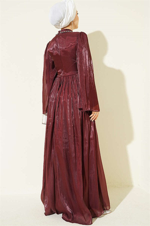 Burgundy Chiffon Dress with Embellished Collar