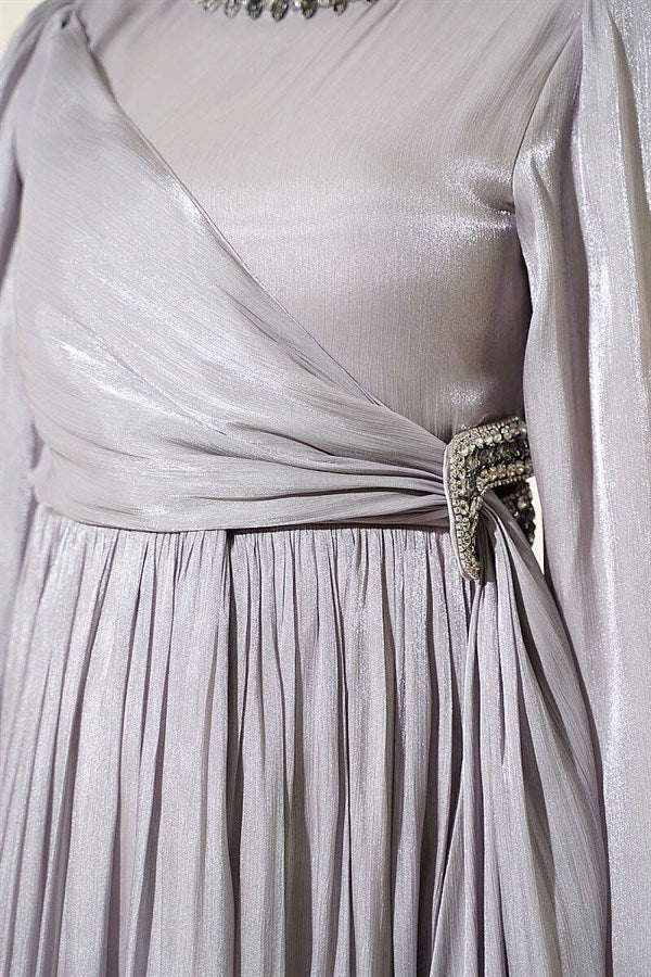 Gray Chiffon Dress with Embellished Collar