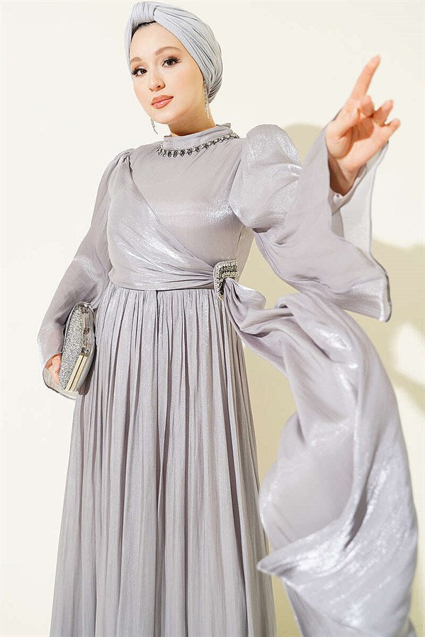 Gray Chiffon Dress with Embellished Collar