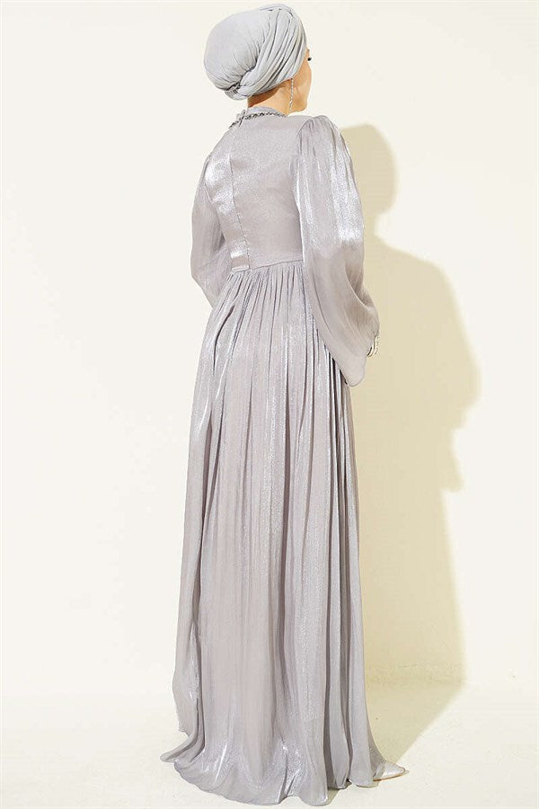 Gray Chiffon Dress with Embellished Collar