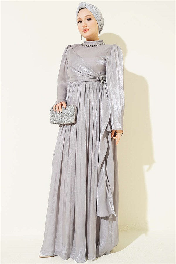 Gray Chiffon Dress with Embellished Collar