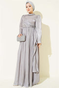 Gray Chiffon Dress with Embellished Collar