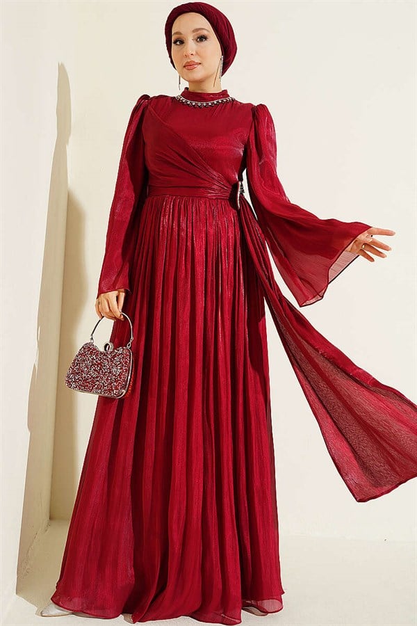 Red Chiffon Dress with Embellished Collar