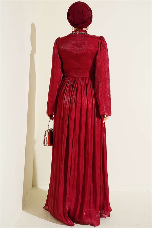 Red Chiffon Dress with Embellished Collar