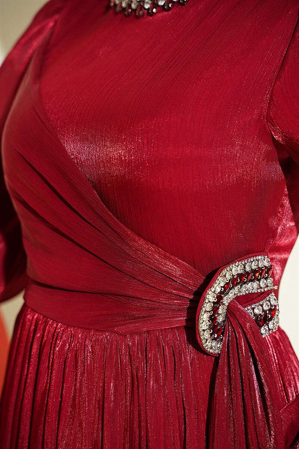 Red Chiffon Dress with Embellished Collar
