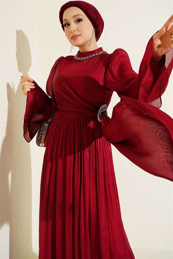 Red Chiffon Dress with Embellished Collar