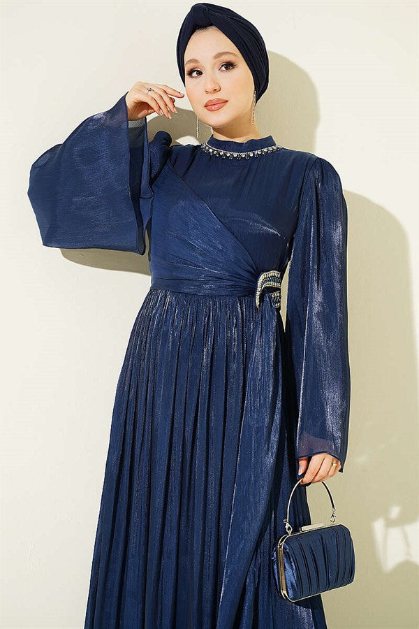 Navy Blue Chiffon Dress with Embellished Collar