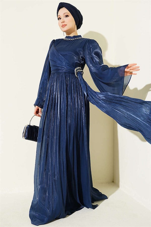 Navy Blue Chiffon Dress with Embellished Collar