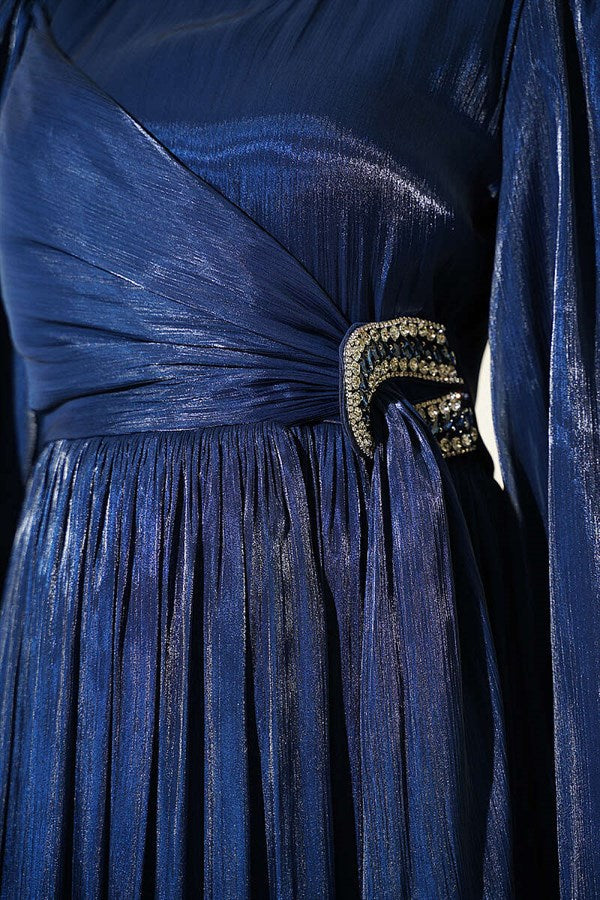 Navy Blue Chiffon Dress with Embellished Collar