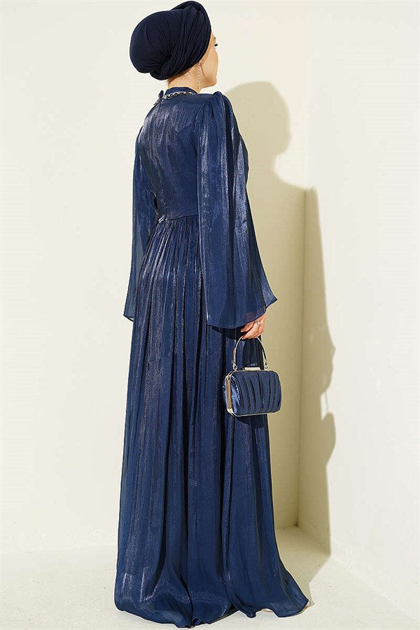 Navy Blue Chiffon Dress with Embellished Collar
