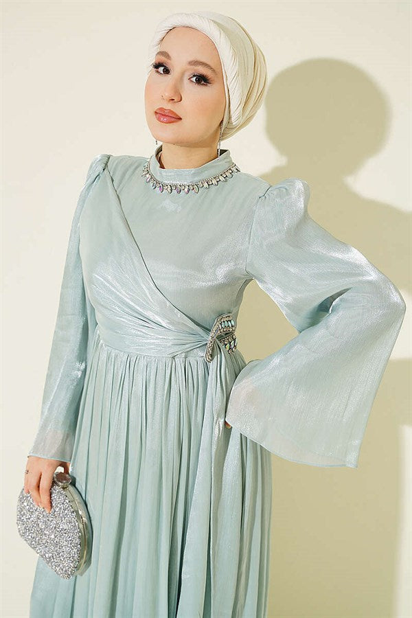 Mint Chiffon Dress with Embellished Collar