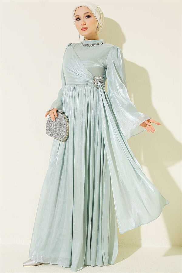 Mint Chiffon Dress with Embellished Collar