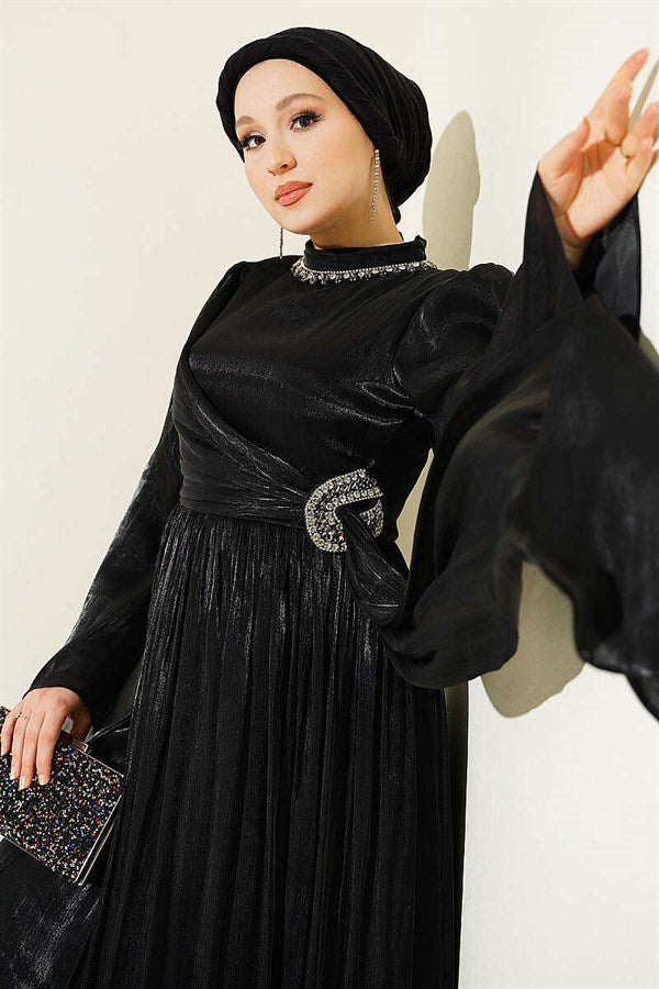 Black Chiffon Dress with Embellished Collar