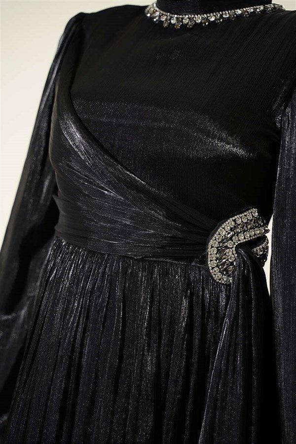 Black Chiffon Dress with Embellished Collar