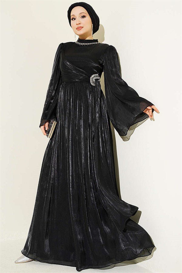 Black Chiffon Dress with Embellished Collar