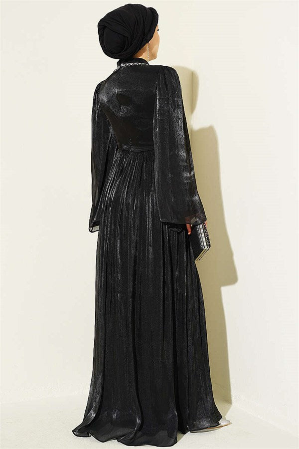 Black Chiffon Dress with Embellished Collar