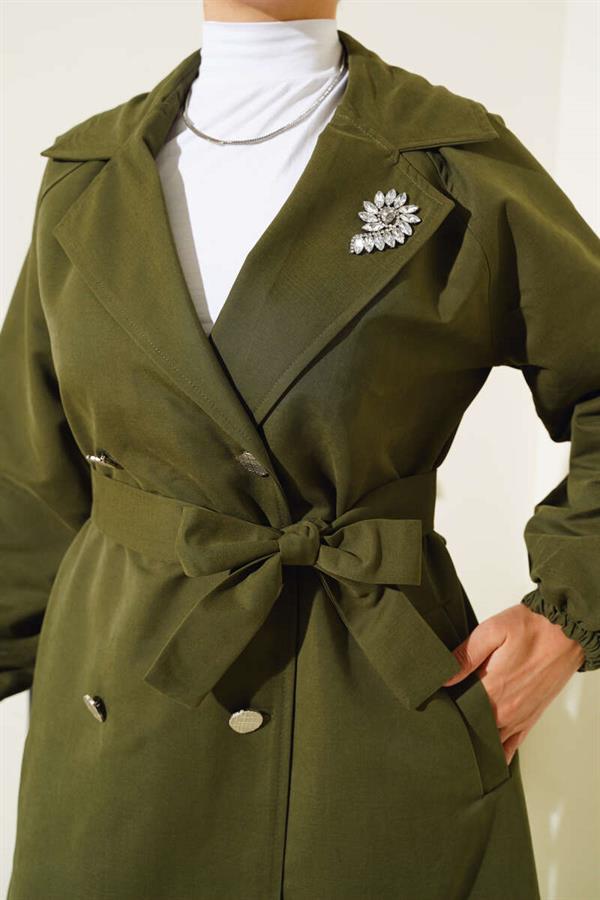 Stone Collar Lined Trench Coat Khaki