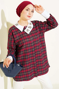 Burgundy Plaid Shirt with Embellished Collar