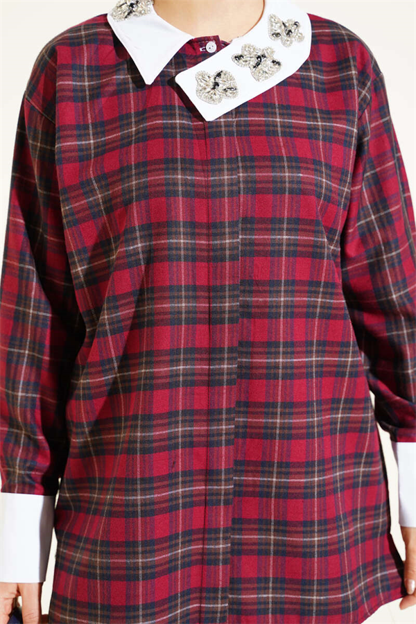 Burgundy Plaid Shirt with Embellished Collar