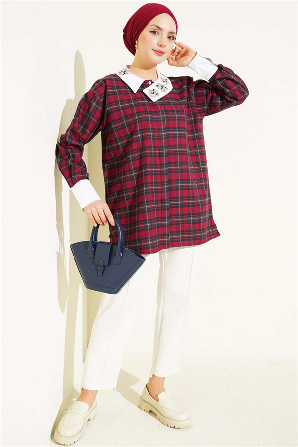 Burgundy Plaid Shirt with Embellished Collar