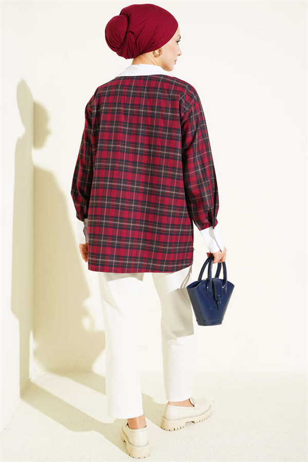 Burgundy Plaid Shirt with Embellished Collar