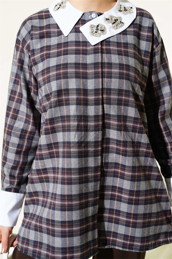 Plaid Shirt with Embellished Collar, Dark Gray