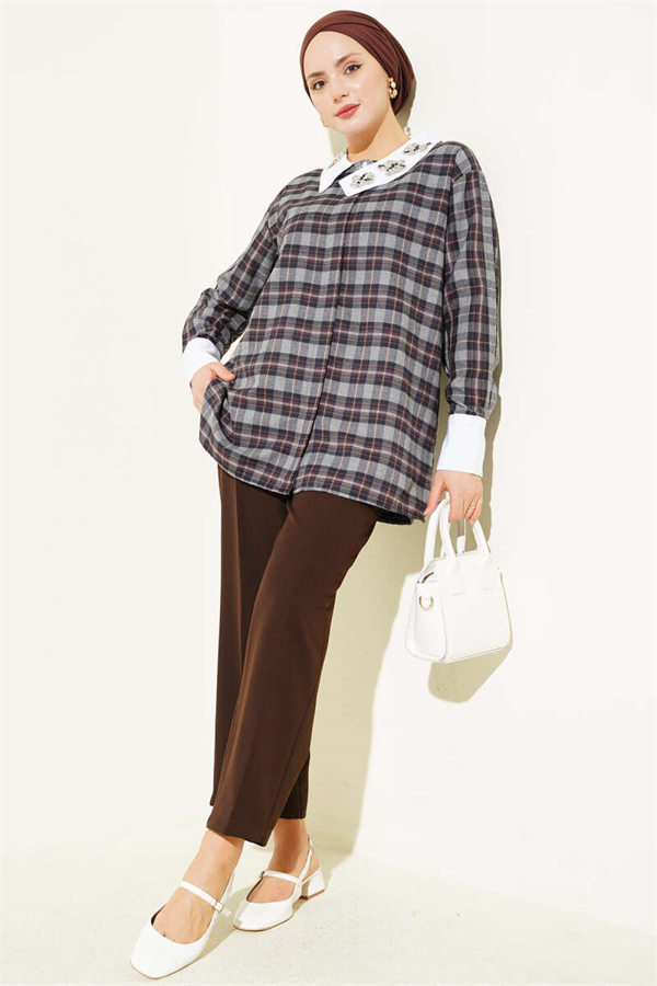 Plaid Shirt with Embellished Collar, Dark Gray