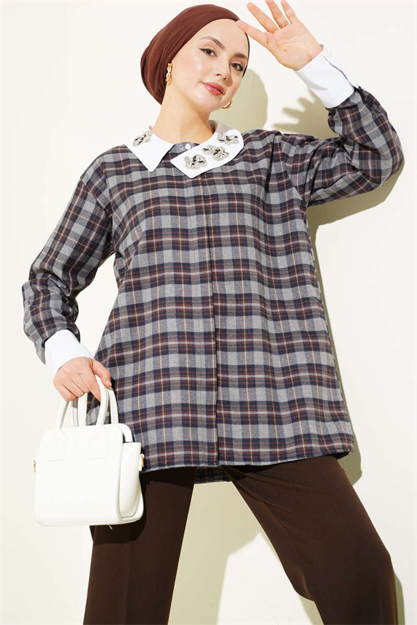 Plaid Shirt with Embellished Collar, Dark Gray