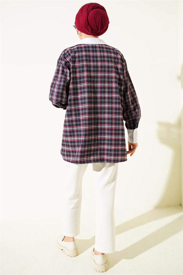 Navy Blue Plaid Shirt with Embellished Collar