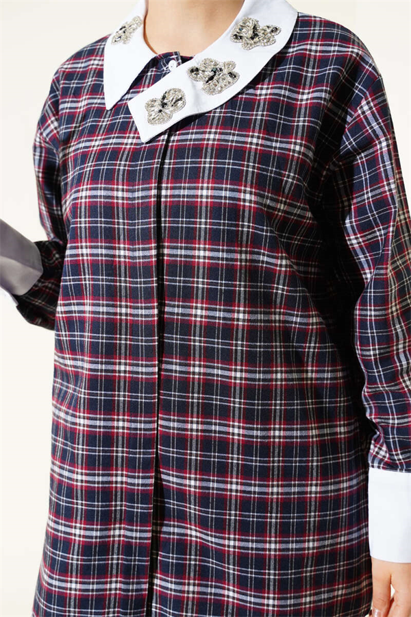 Navy Blue Plaid Shirt with Embellished Collar