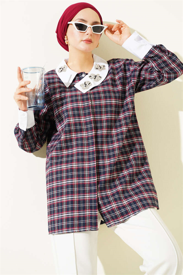 Navy Blue Plaid Shirt with Embellished Collar