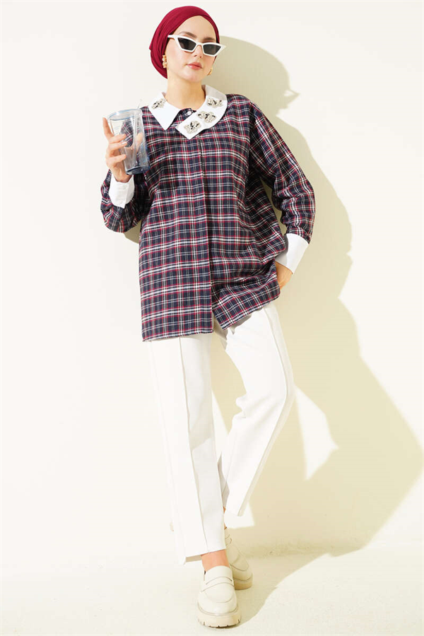 Navy Blue Plaid Shirt with Embellished Collar