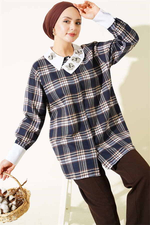 Collar Embellished Plaid Shirt Parliament