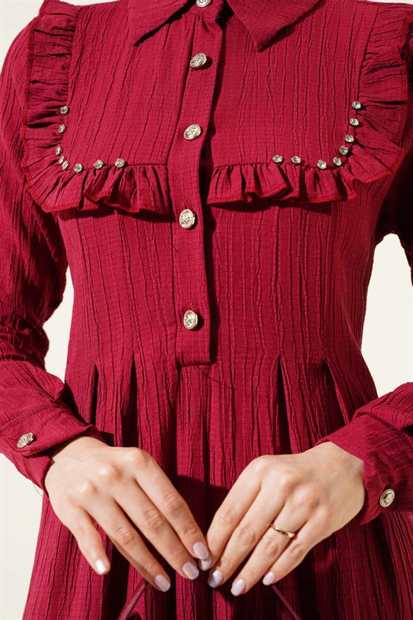 Collar Stone Ruffle Dress Burgundy